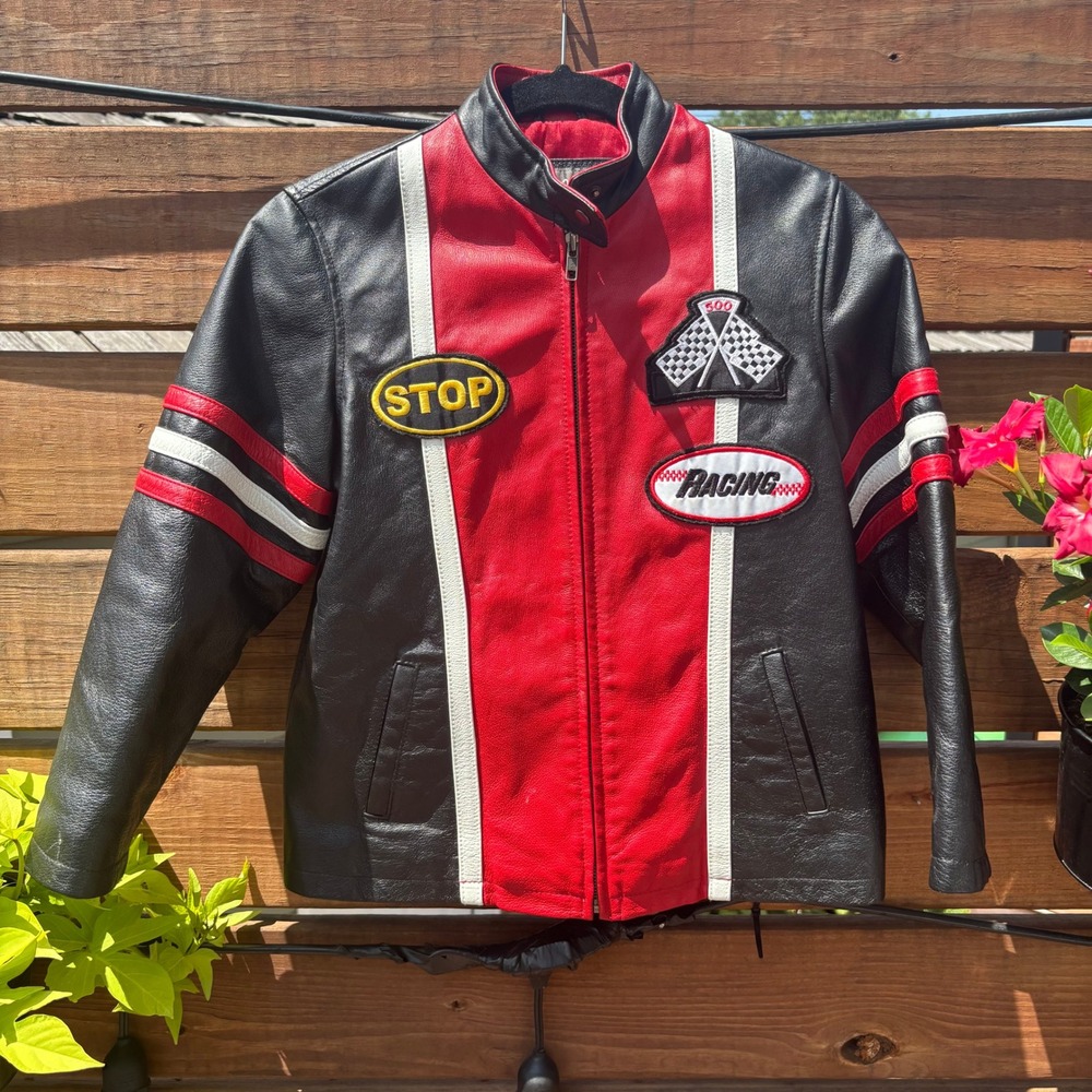 Wilsons Leather Racing Jacket Kids Large Black Red Excellent Motor Patches